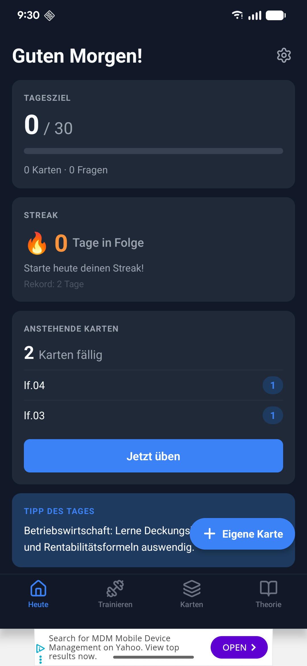 Heute-Tab: Tagesziel und Streak
