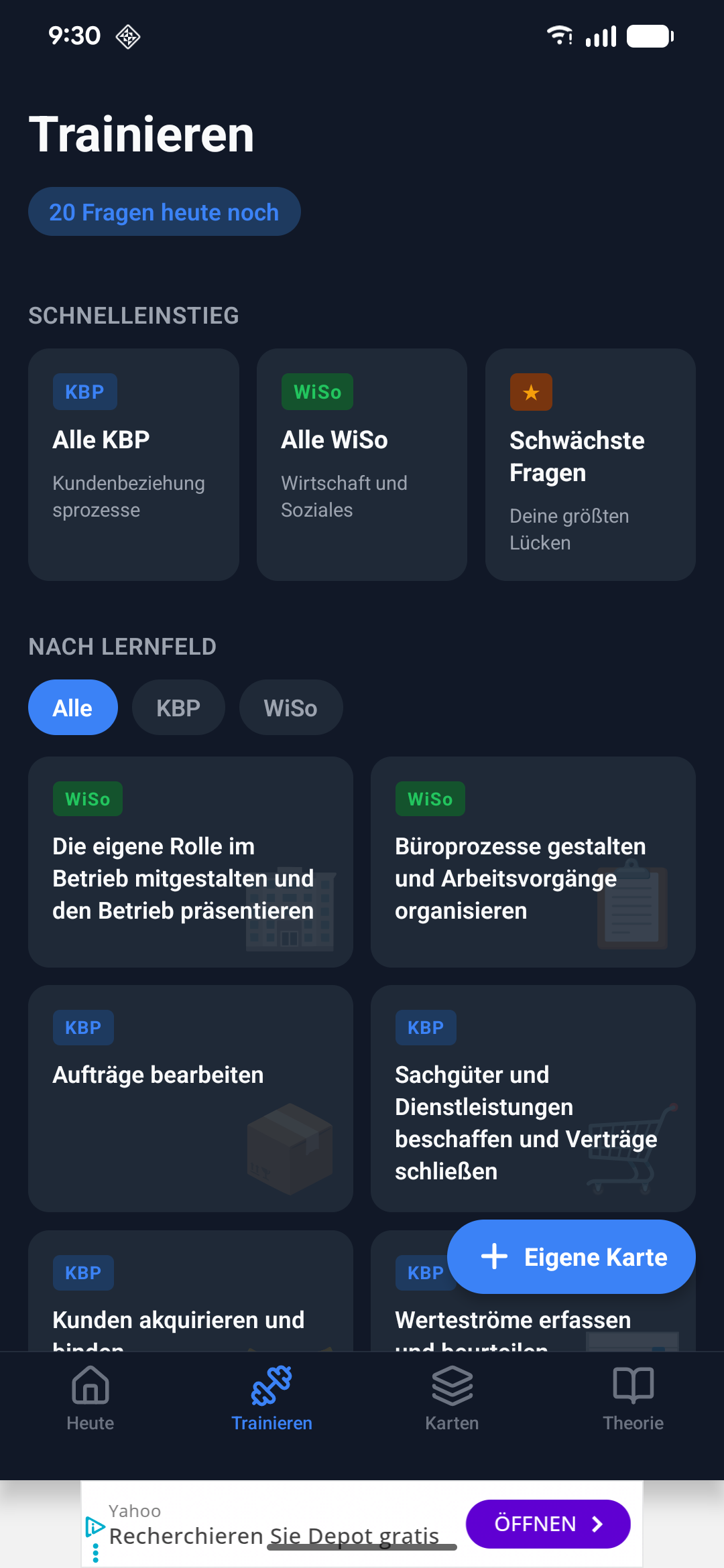 Trainieren-Tab: Alle Lernfelder